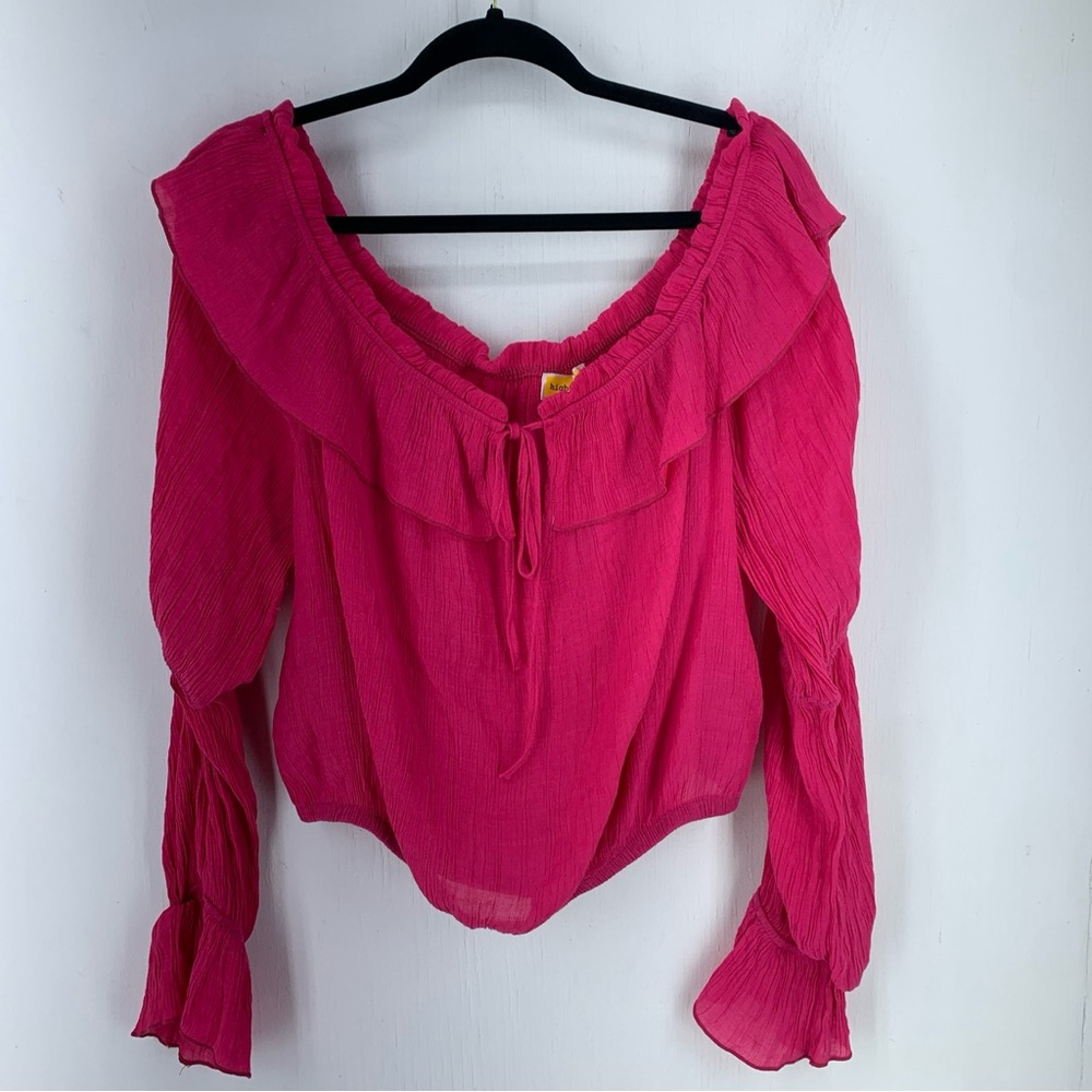 Highlight Womens 3X Crop Top Blouse Pink Gauzy Boho Hippie Ruffles Gypsy Peasant